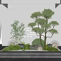 Modern Courtyard Garden Design With Bonsai Tree Green Plants And Round Lanterns