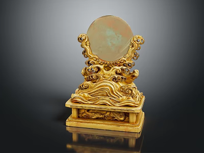 Traditional Ornate Decorative Object With Golden Carved Base And Round Jade Top 3d model