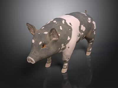 Realistic Standing Pig With Black And White Spots And Yellow Eyes On Dark Background 3d model