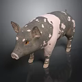Realistic Standing Pig With Black And White Spots And Yellow Eyes On Dark Background