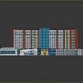 Cartoon Style City Scene With Colorful Buildings Blue Rooftops Red Green Accents And Square Area