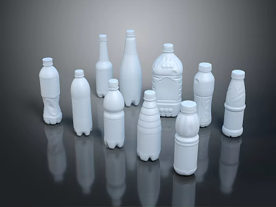 White Plastic Bottles Collection In Various Shapes On Dark Surface With Reflections 3d model