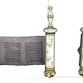 Antique White Pillars With Intricate Golden Patterns And Old Scroll With Text