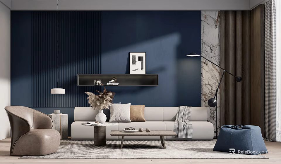 Modern Living Room Beige Sofa And Wooden Coffee Table With Dark Blue Wall Marble Texture 3d model 