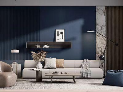 Modern Living Room Beige Sofa And Wooden Coffee Table With Dark Blue Wall Marble Texture 3d model