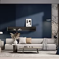 Modern Living Room Beige Sofa And Wooden Coffee Table With Dark Blue Wall Marble Texture