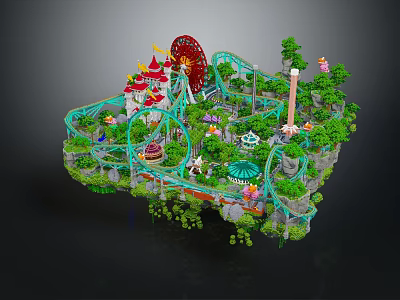 Colorful Amusement Park Architecture Featuring Ferris Wheel Roller Coaster Tracks Castle Tower And Green Trees 3d model
