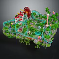 Colorful Amusement Park Architecture Featuring Ferris Wheel Roller Coaster Tracks Castle Tower And Green Trees
