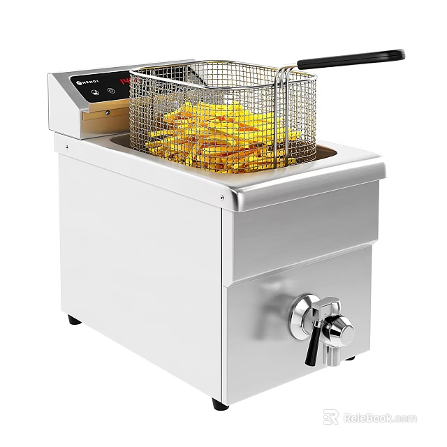 Stainless Steel Commercial Deep Fryer Kitchen Appliance With Control Panel And French Fries 3d model 