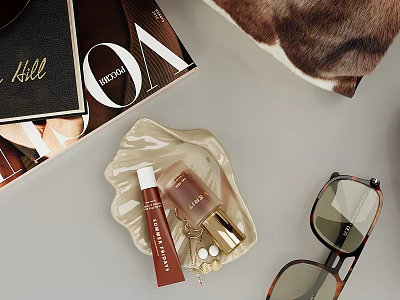 VOGUE Fashion Magazine And Hill Book With Beauty Products Sunglasses On Shell Shaped Tray 3d model