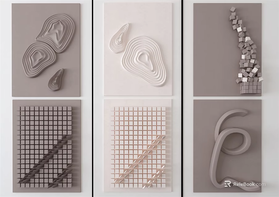 Modern Minimalist 3D Wall Decor with Abstract Curves Grid Patterns and Stacked Cubes 3d model