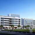 Modern Hospital Building Exterior With Multi Storey Structure Green Lawns Trees People Walking and Cars