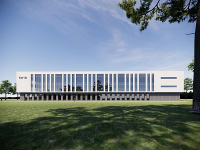 Modern Industrial Factory Building Featuring White Exterior Large Glass Windows Green Grass And Trees 3d model