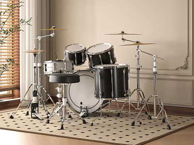 Professional Acoustic Drum Set With Multiple Drums Cymbals Throne And Metal Stands On Decorative Rug 3d model
