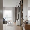 Modern Apartment Open Plan Kitchen Living Area With Island Sofa And Cabinets
