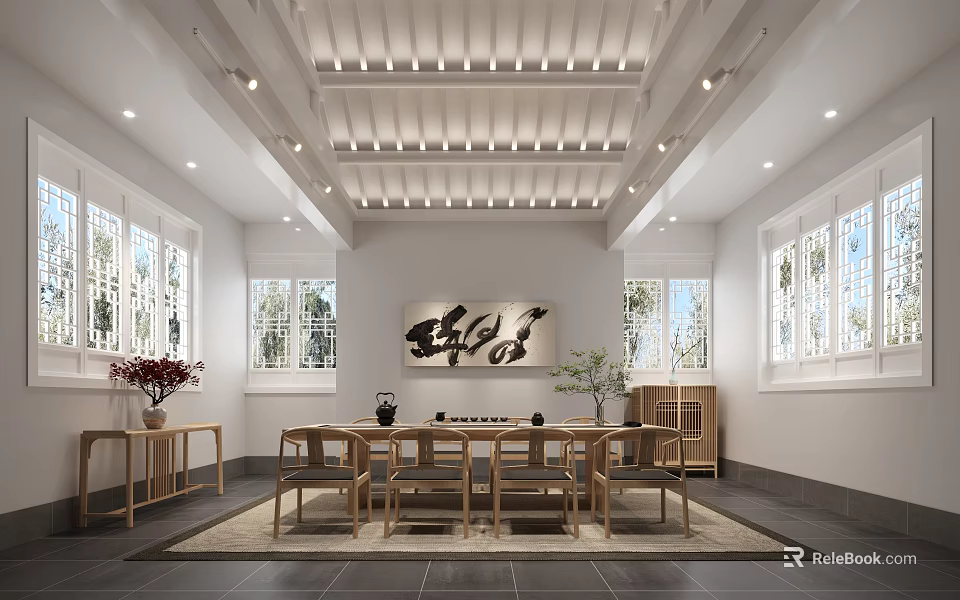 Traditional Chinese Tea Room Interior With Lattice Windows Wooden Furniture Calligraphy Artwork And Green Plants 3d model 