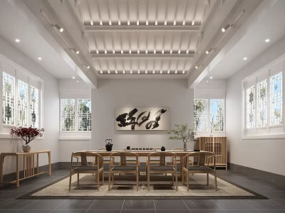 Traditional Chinese Tea Room Interior With Lattice Windows Wooden Furniture Calligraphy Artwork And Green Plants 3d model