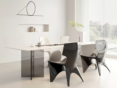 Modern Minimalist Desk with White Tabletop Black Chairs Potted Plant and Office Supplies Near Window 3d model