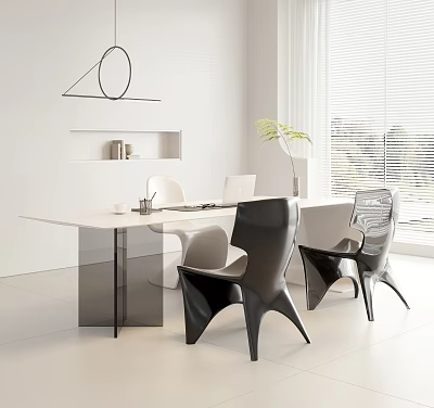 Modern Minimalist Desk with White Tabletop Black Chairs Potted Plant and Office Supplies Near Window 3d model