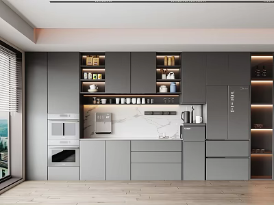 Modern Pantry Interior With Gray Cabinets Marble Countertop Coffee Machine Oven Open Shelves Wooden Flooring 3d model