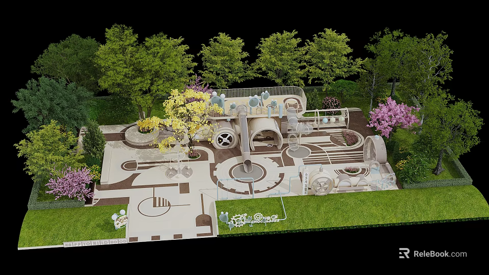 Colorful Children's Playground Area With Green Trees Pink Flowers Grass Slides Climbing Structures And Circular Platforms 3d model 