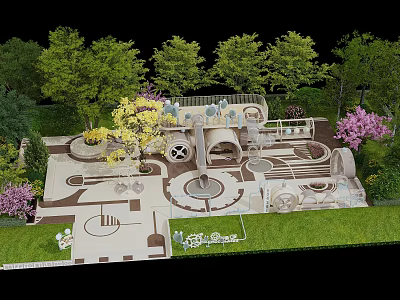 Colorful Children's Playground Area With Green Trees Pink Flowers Grass Slides Climbing Structures And Circular Platforms 3d model