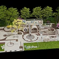 Colorful Children's Playground Area With Green Trees Pink Flowers Grass Slides Climbing Structures And Circular Platforms