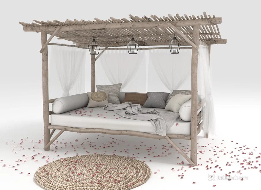 Wooden Frame Outdoor Canopy Daybed With White Curtains Plush Pillows Woven Rug And Scattered Petals 3d model 