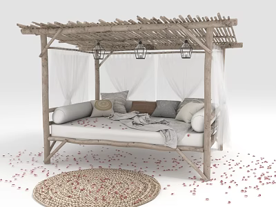 Wooden Frame Outdoor Canopy Daybed With White Curtains Plush Pillows Woven Rug And Scattered Petals 3d model