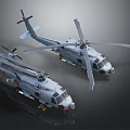 Two Military Helicopters with Rotors and Weapon Equipment in Detailed Design on Dark Background