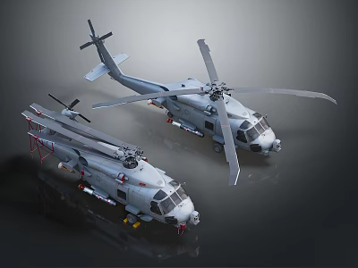 Two Military Helicopters with Rotors and Weapon Equipment in Detailed Design on Dark Background 3d model