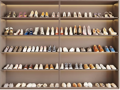 Organized Shoes Collection Display With Various Styles On Multiple Shelves 3d model