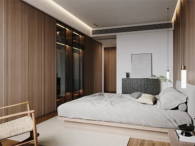Modern Minimalist Hotel Room Interior With Wooden Walls King Size Bed Wardrobe And Simple Decor 3d model