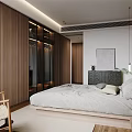 Modern Minimalist Hotel Room Interior With Wooden Walls King Size Bed Wardrobe And Simple Decor