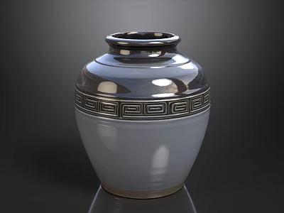 Silver White Ceramic Vase With Black Greek Key Pattern And Glossy Finish 3d model