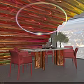 Colorful Neon Ring Decorated Bar Interior With City Night View Red Chairs And Dining Table