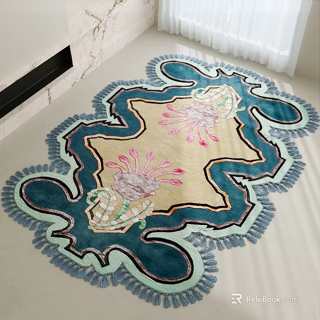 Unique Shaped Decorative Area Rug With Beige Base Blue Edges And Pink Floral Design 3d model 