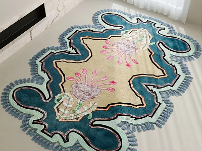 Unique Shaped Decorative Area Rug With Beige Base Blue Edges And Pink Floral Design 3d model