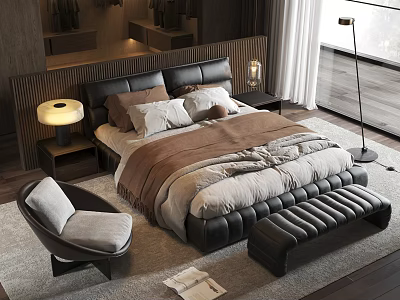 Modern Bedroom Double Bed With Leather Headboard Multiple Pillows Brown Beige Bedding Nightstand Lamp Footstool 3d model