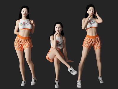 Woman In White Tank Top And Orange Shorts With Different Poses On Gray Background 3d model