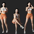 Woman In White Tank Top And Orange Shorts With Different Poses On Gray Background