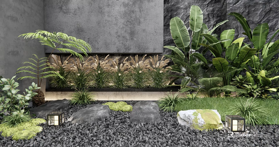 Modern Courtyard Garden Featuring Gray Wall Black Gravel Tall Plants Stones And Lanterns 3d model 