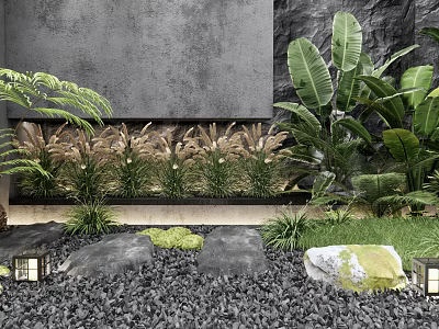 Modern Courtyard Garden Featuring Gray Wall Black Gravel Tall Plants Stones And Lanterns 3d model