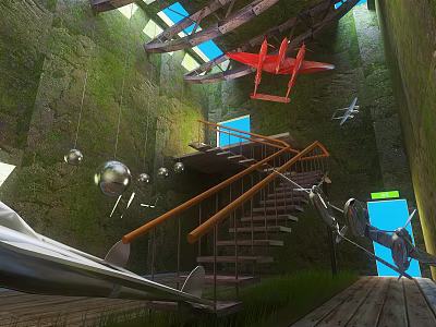 Cartoon Scene Featuring Green Mossy Stone Walls Wooden Stairs Orange Railings And Red Airplane Model 3d model