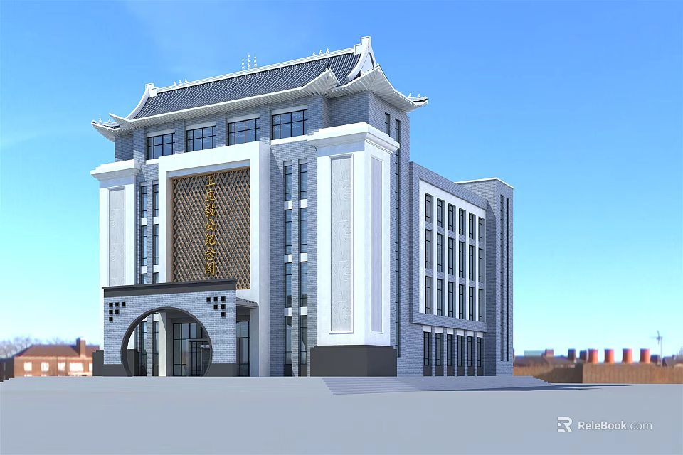 Traditional Modern Building With Chinese Style Roof White Facade And Glass Windows 3d model 