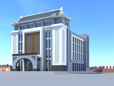 Traditional Modern Building With Chinese Style Roof White Facade And Glass Windows 3d model