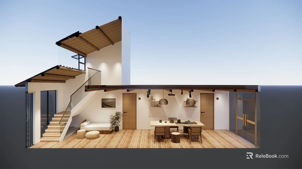 Modern Living Room Interior With Wooden Flooring Staircase Sofa Table And Decorations 3d model 
