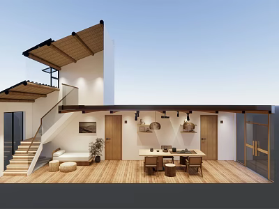 Modern Living Room Interior With Wooden Flooring Staircase Sofa Table And Decorations 3d model