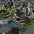 Traditional Modern Commercial Street With Circular Plaza Greenery And Stone Paved Paths