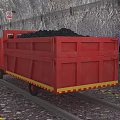 Red Industrial Equipment Vehicle Transporting Coal On Rail Track In Tunnel With Blue Pipeline